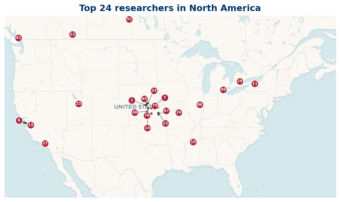 Map of North America Top 100 researchers