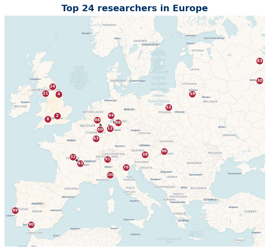 Map of Europe Top 100 researchers