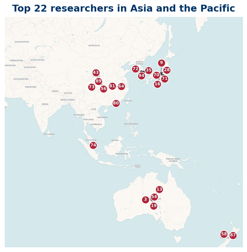 Map of Asia and the Pacific Top 100 researchers