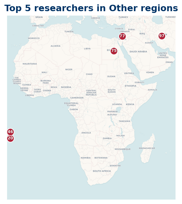 Map of Other regions Top 100 researchers